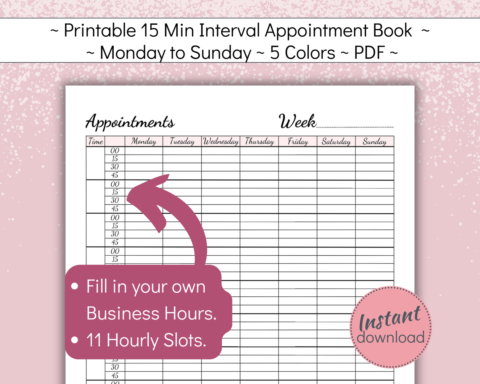 Printable Appointment Planner mon-sun 15 min intervals