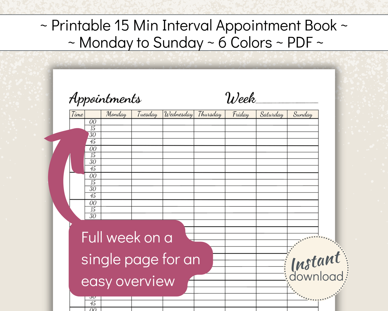 Printable 7 day Appointment book 15 min time slots