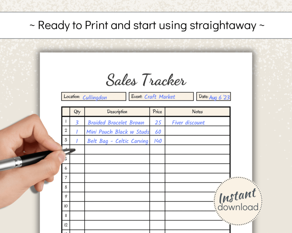 Printable Sales Tracker for Markets and Fairs
