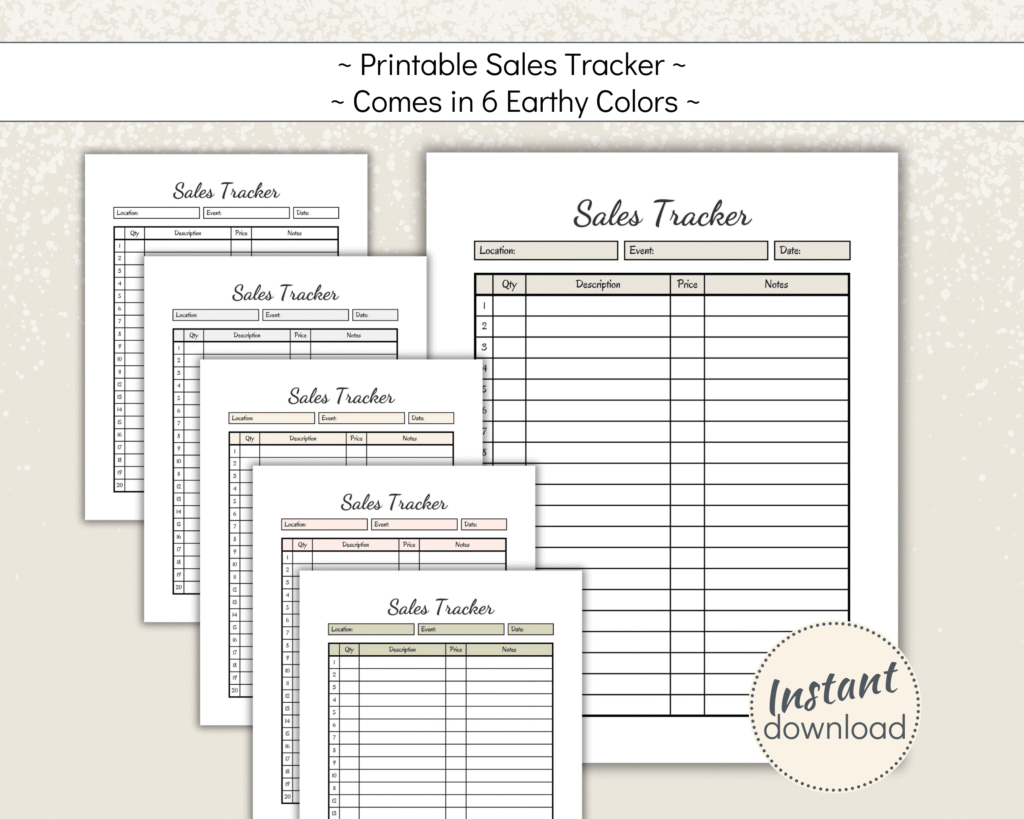 Printable Sales Tracker for Small Business in multiple earthy tones