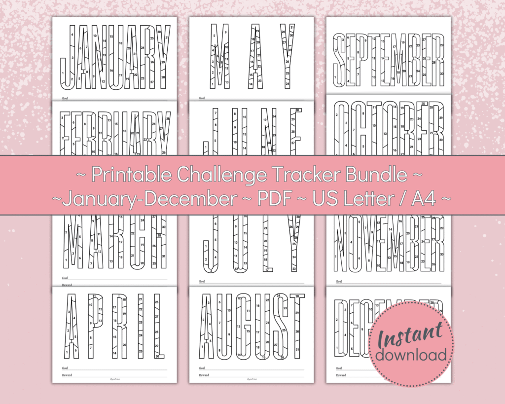 printable 30 day coloring challenge tracker bundle