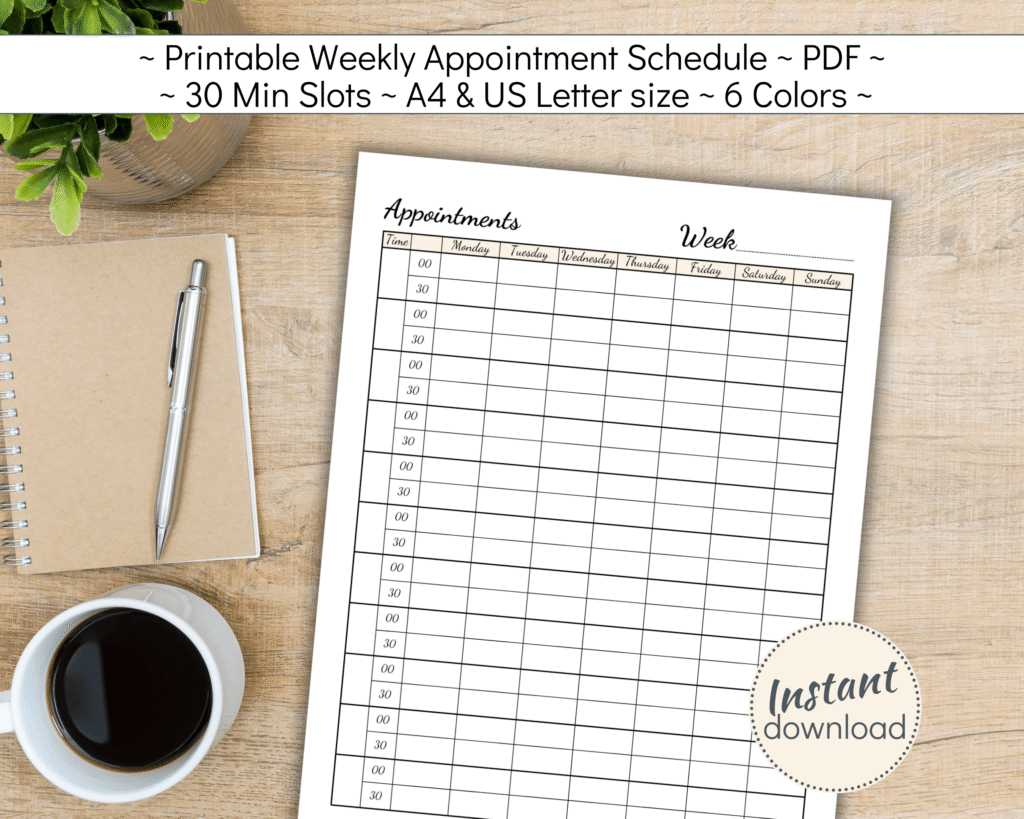 Printable Appointment booking tracker with 30 min intervals