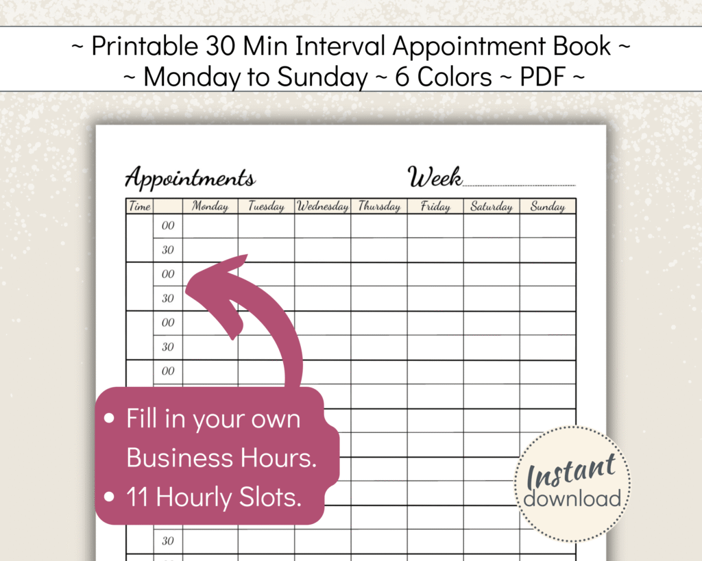 Printable Appointment Planner with 30 min intervals