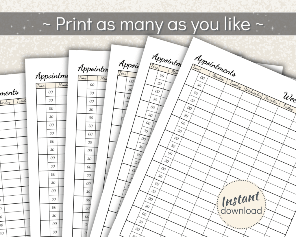 Printable Appointment Schedule with 30 min intervals
