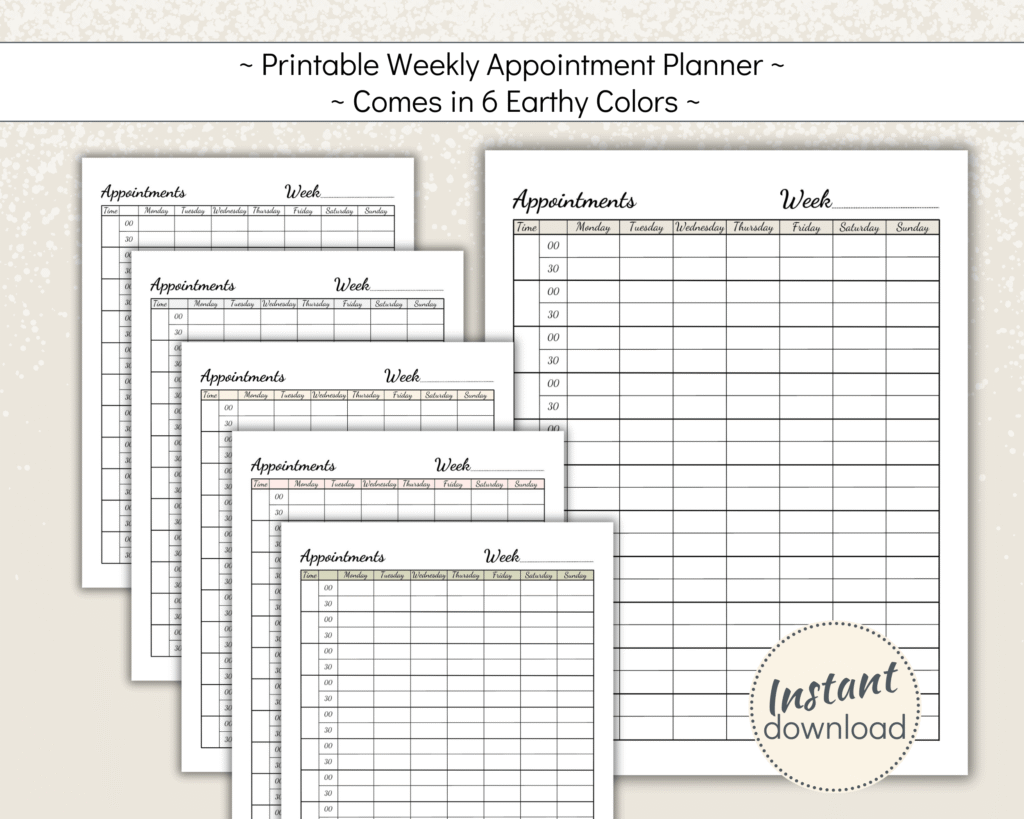 Printable Appointment Planner with 30 min intervals in 6 colors