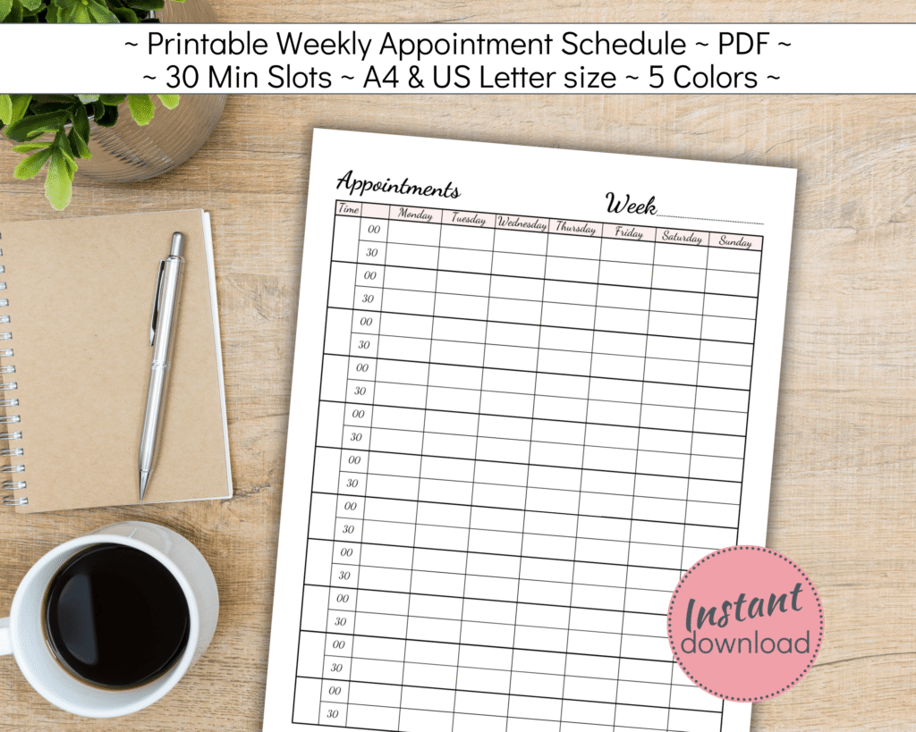 Printable Appointment Planner with 30 minute Intervals