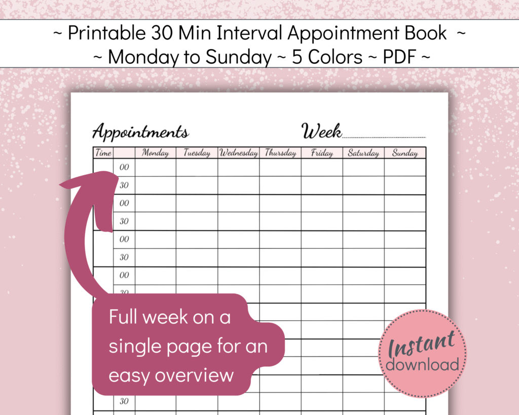 Printable Appointment Planner with 30 minute time slots