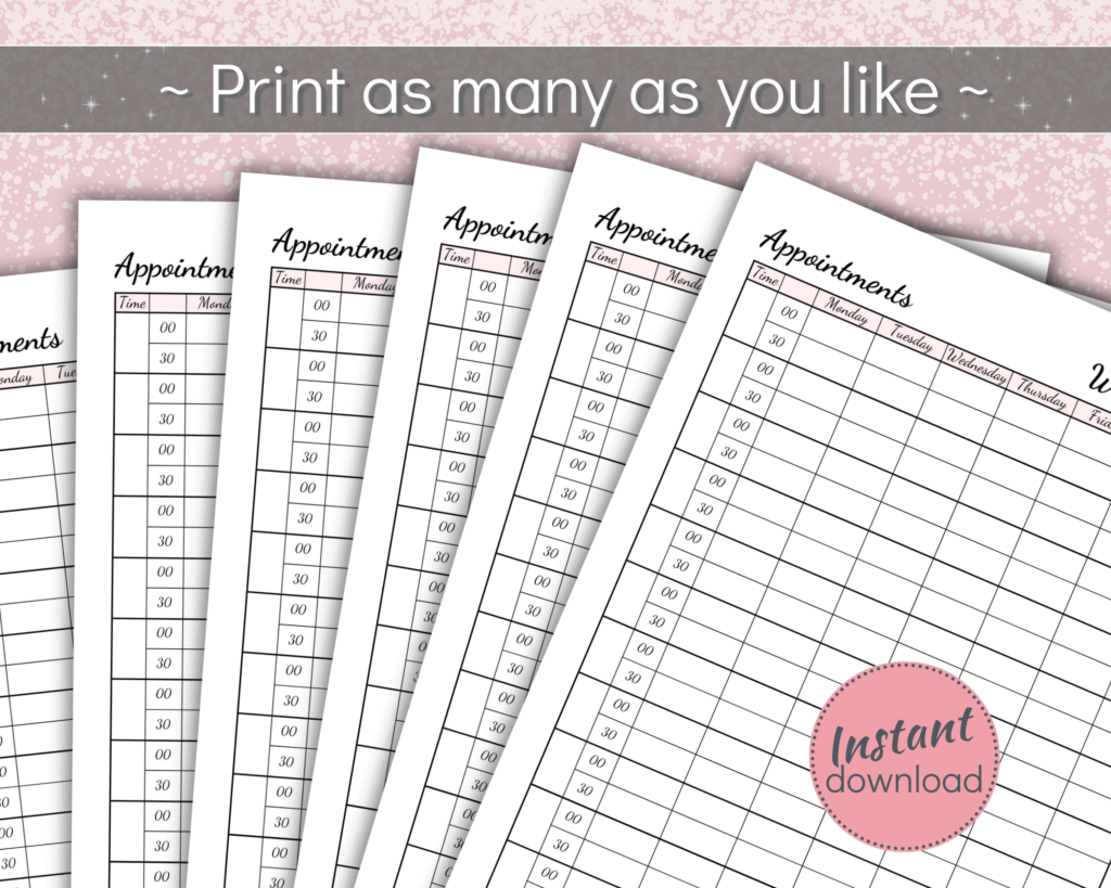 Printable Appointment booking tracker with 30 minute Intervals