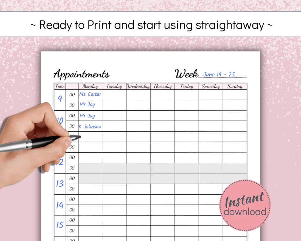 Printable Appointment Planner for small business
