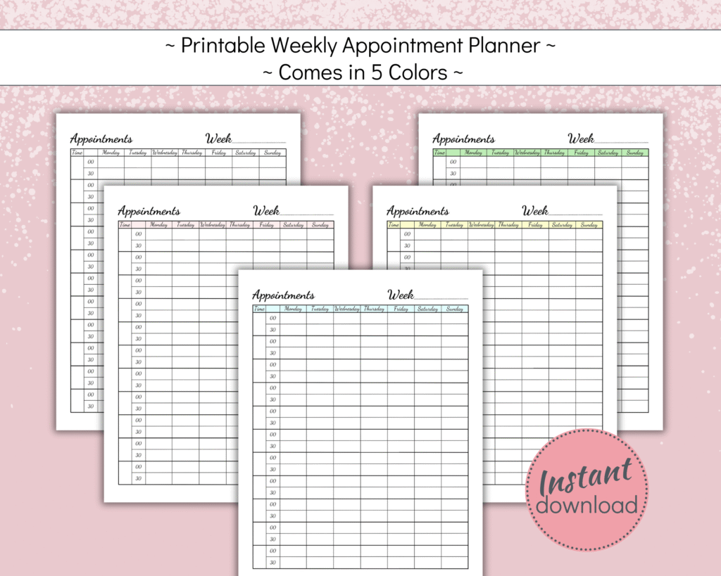 Printable Appointment Planner with 30 minute Intervals in 5 colors