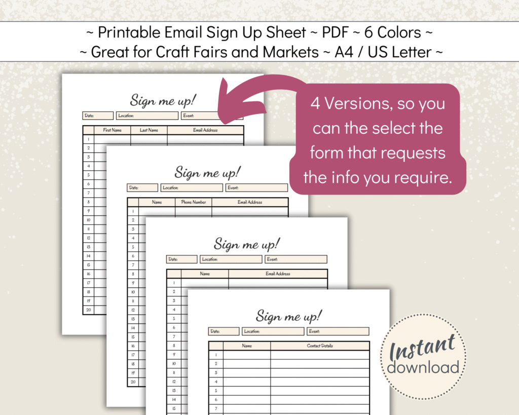 Craft Fair Bundle incl email sign up list for in-person events and markets