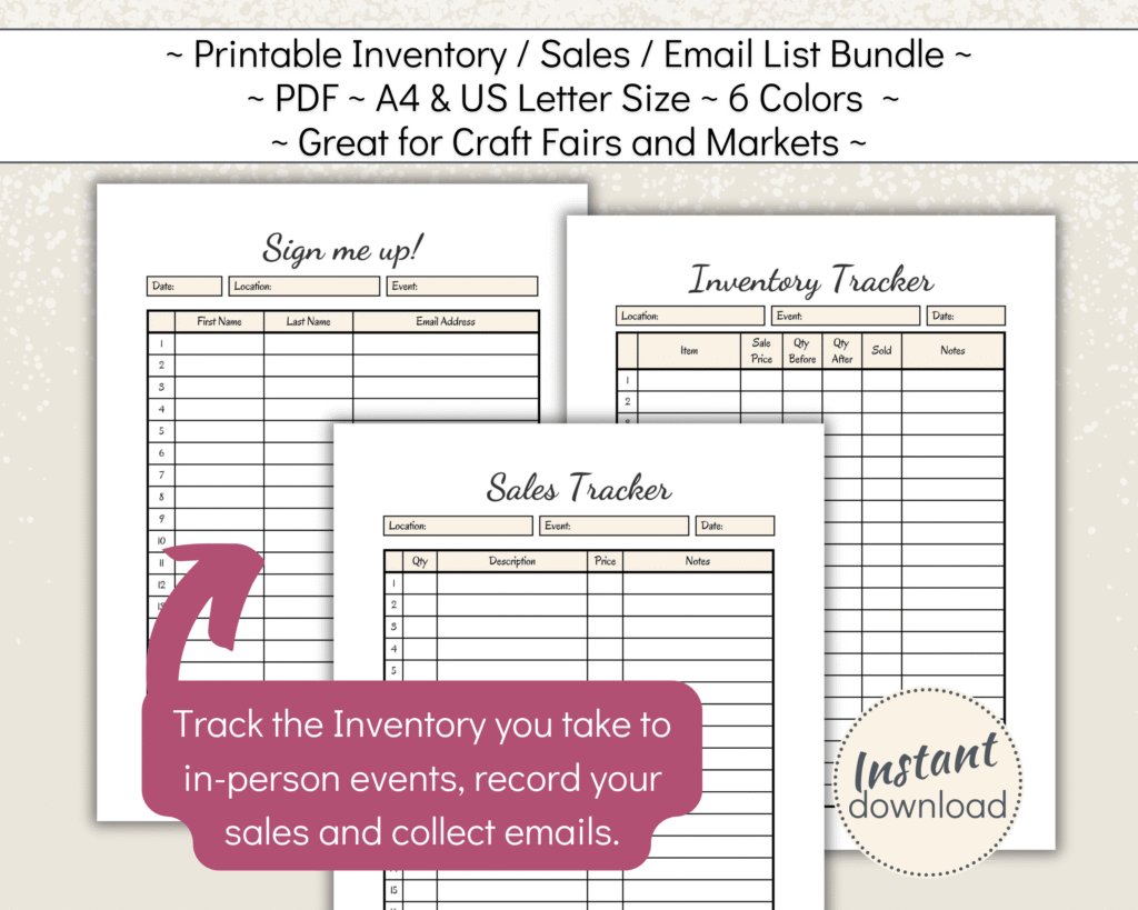 Craft Fair Bundle incl sales tracker, inventory tracker and email sign up list for small handmade business