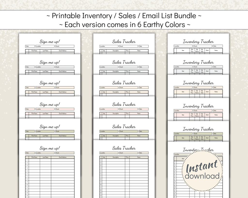 Craft Fair Bundle incl sales tracker, inventory tracker and email sign up list in earthy colors