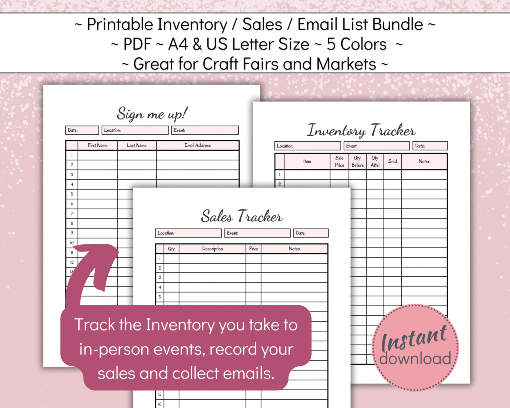 Craft Fair Bundle incl sales tracker, inventory tracker and email sign up list for markets and events