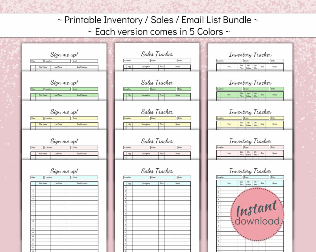 Craft Fair Bundle incl sales tracker, inventory tracker and email sign up list in 6 colors