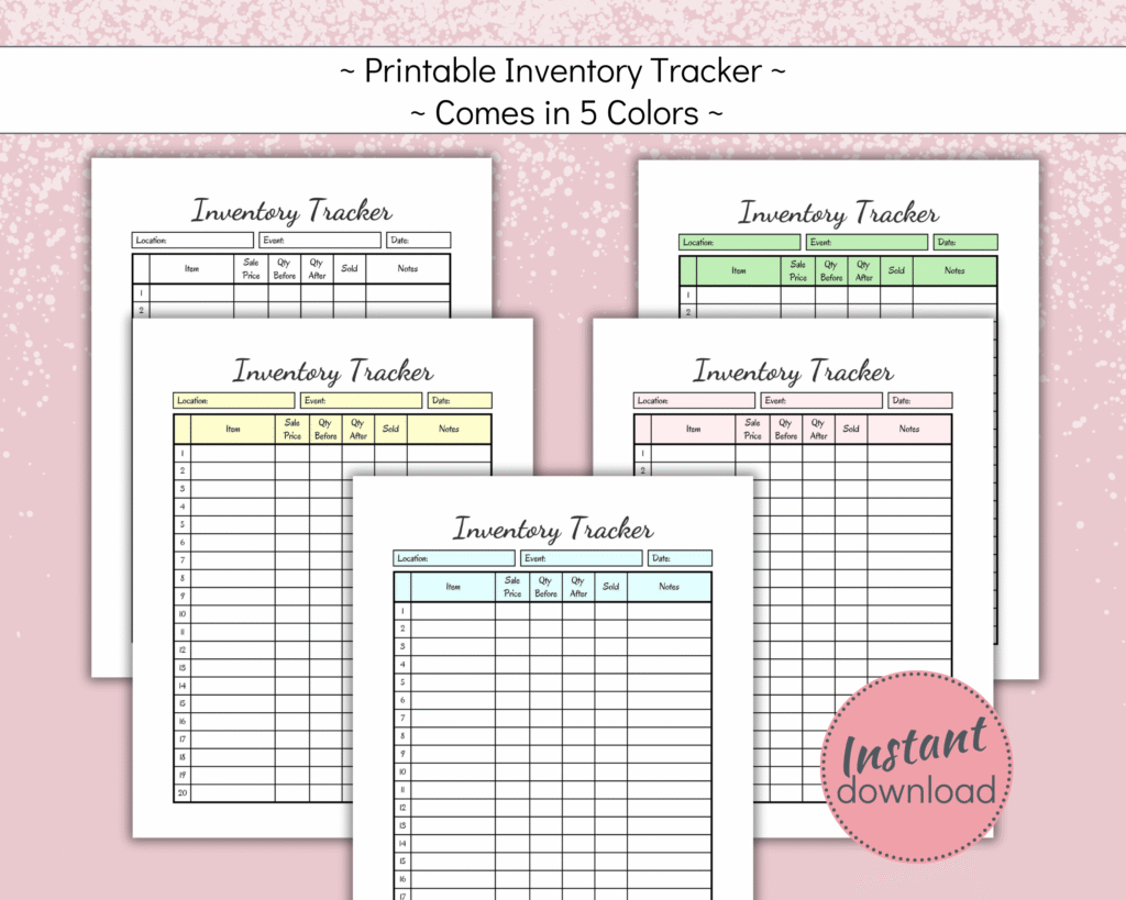 Printable Inventory Tracker for small craft business in 5 colors