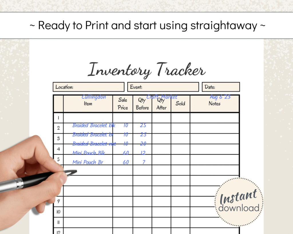 Printable Stock Tracker for craft fairs and in-perosn events