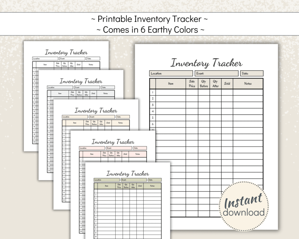 Printable Inventory Tracker for small craft business in 6 colors