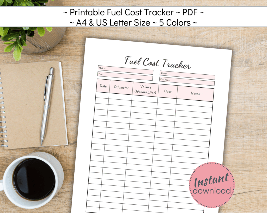 Printable Fuel Cost Tracker for business or work expenses