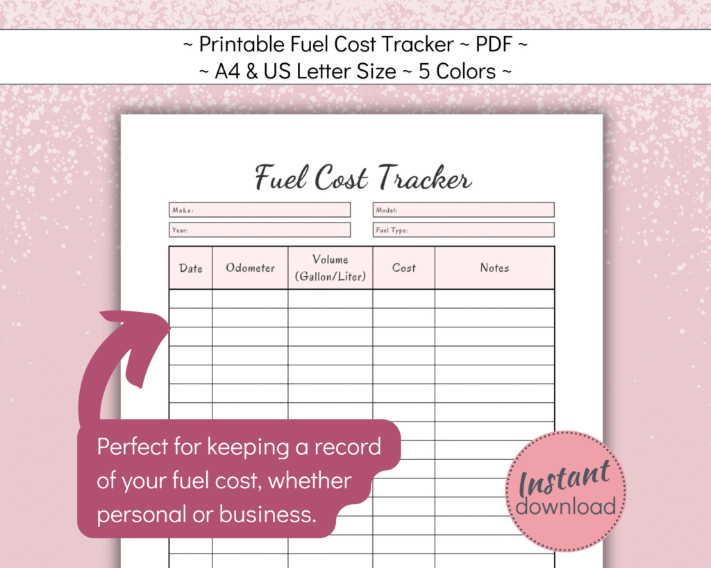 Printable Fuel expense Tracker for work or business expenses