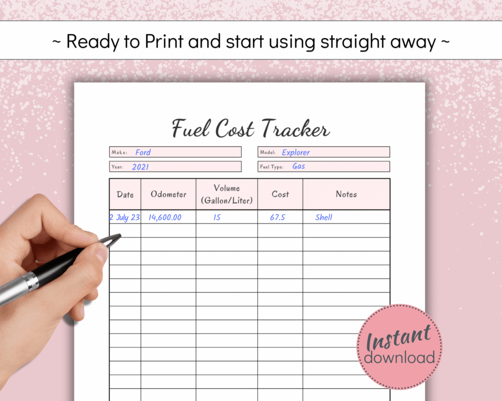 Printable Fuel Cost Log for business or work expenses