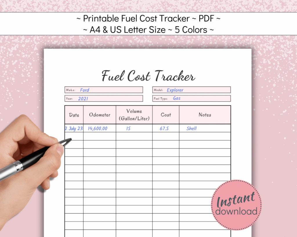 Printable Fuel Cost Tracker gas price log