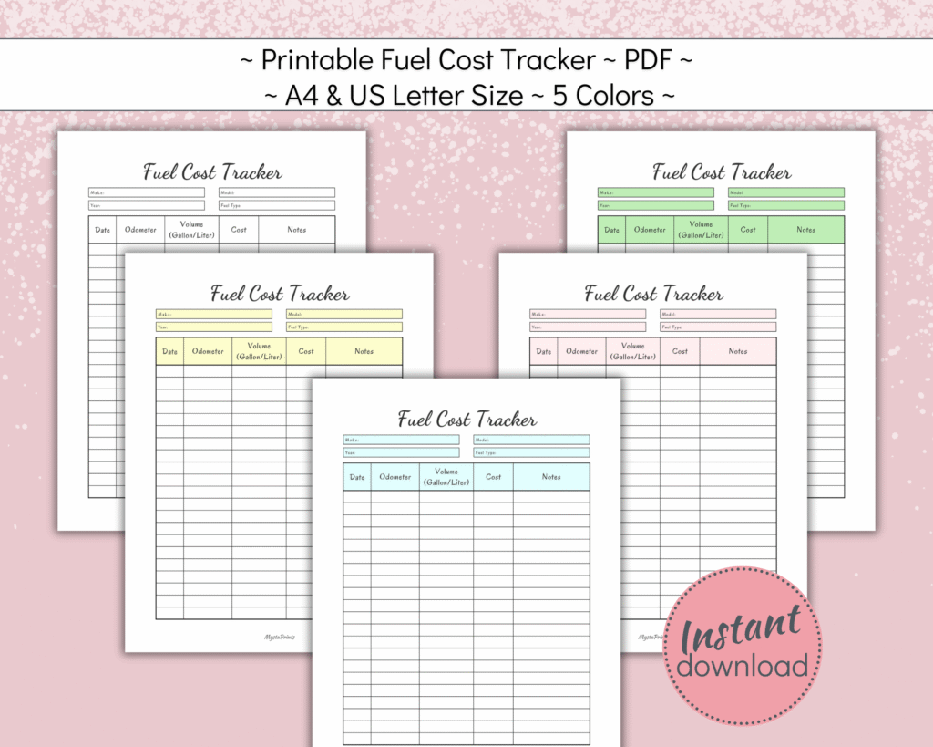 Printable Fuel Cost Tracker for business or work expenses in 5 colors