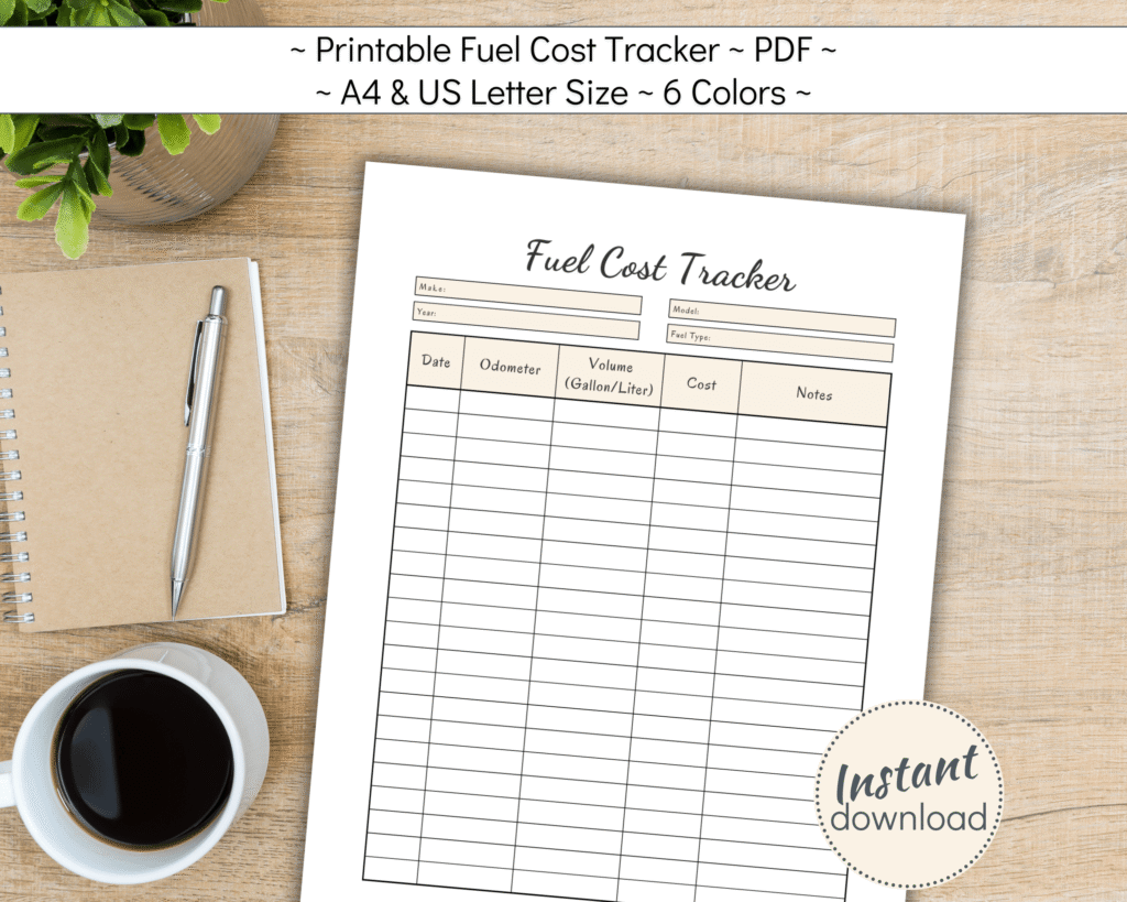 Printable Fuel Cost Tracker for business or work expenses