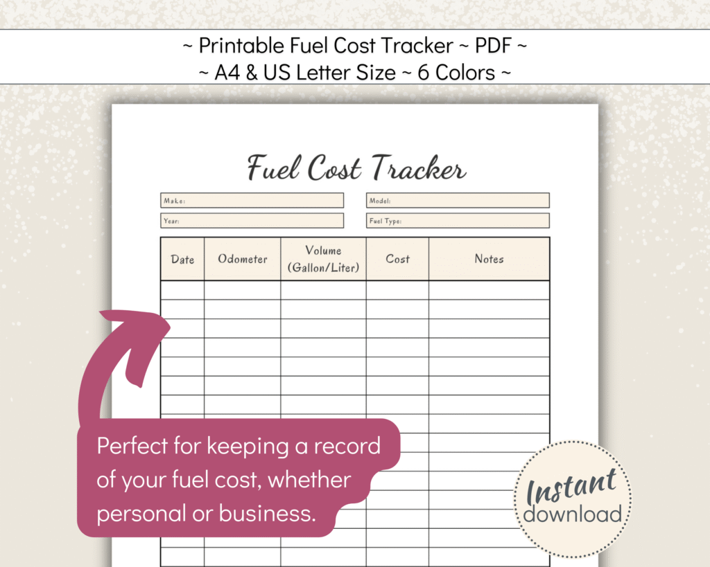 Printable Fuel Cost Log for business or work expenses