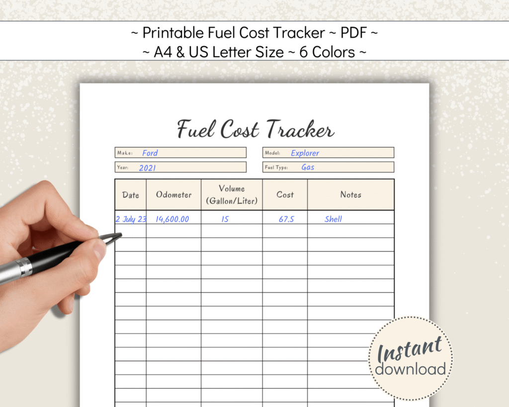 Printable Fuel Expense Log for work expenses