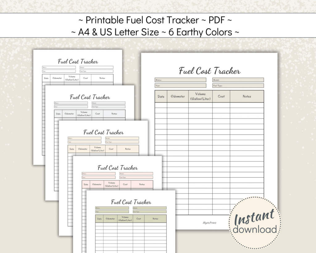 Printable Fuel Cost Tracker for business or work expenses in 6 earthy colors