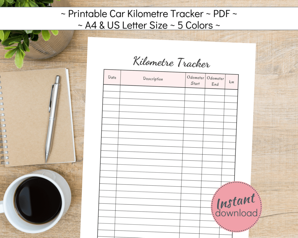 Printable Kilometre Tracker for personal, work or business
