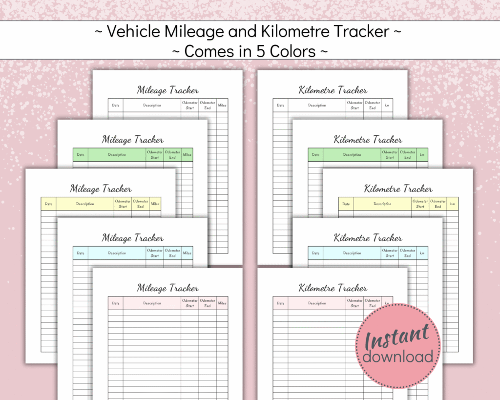 Printable Kilometre Tracker in 5 colors