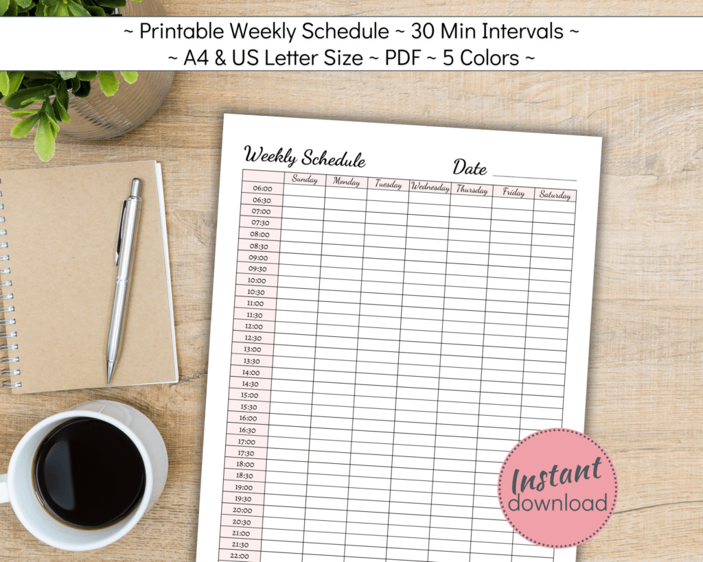 Printable weekly planner with 30 min intervals