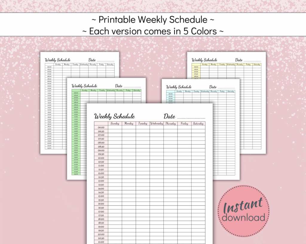 Printable weekly to do list with 30 min intervals in 5 colors