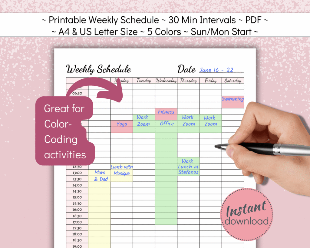 Printable weekly schedule with 30 min intervals
