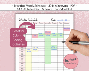 Printable weekly schedule with 30 min intervals