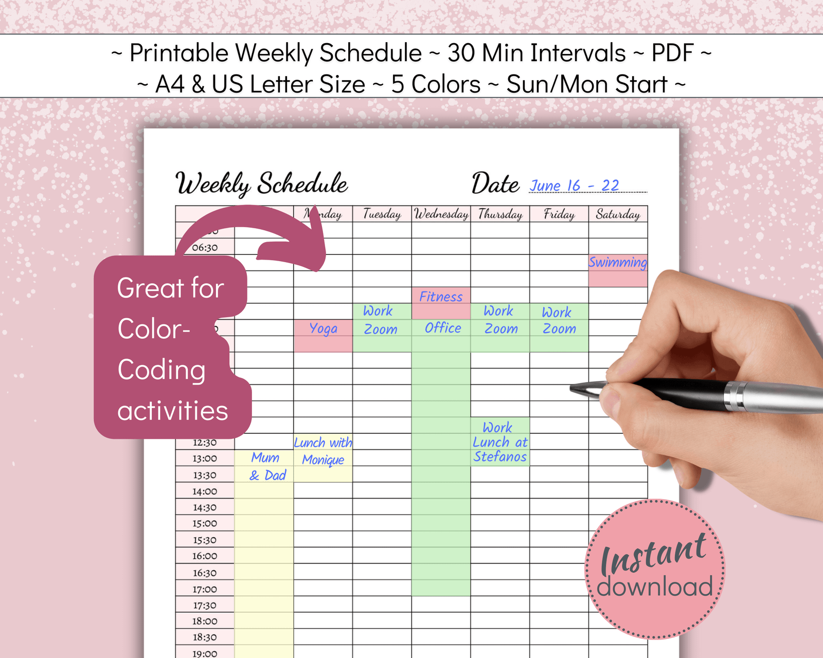 Printable weekly schedule with 30 min intervals