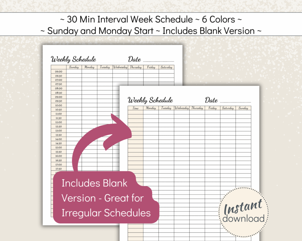 Printable weekly to do list with 30 min intervals