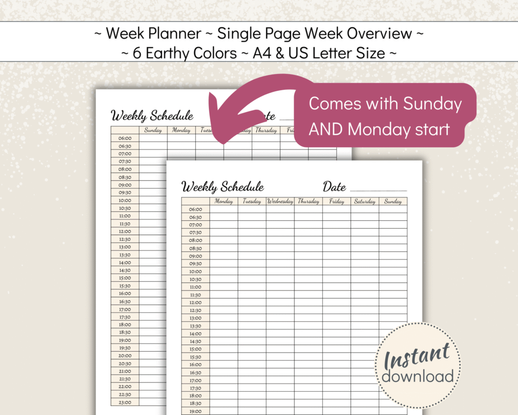 Printable weekly schedule with 30 min intervals
