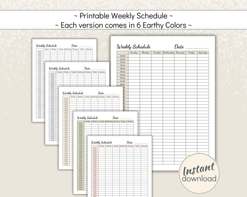 Printable weekly to do list with 30 min intervals in 6 earth colors