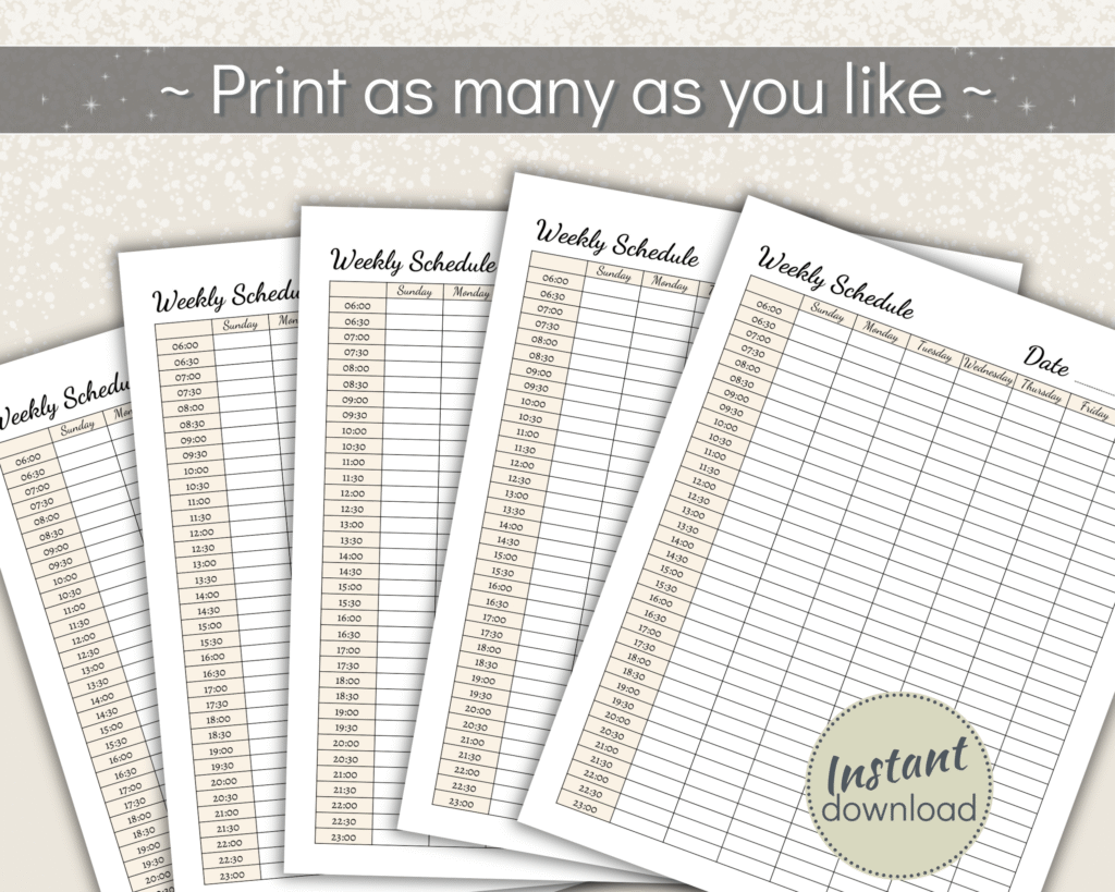 Printable weekly planner with 30 min intervals