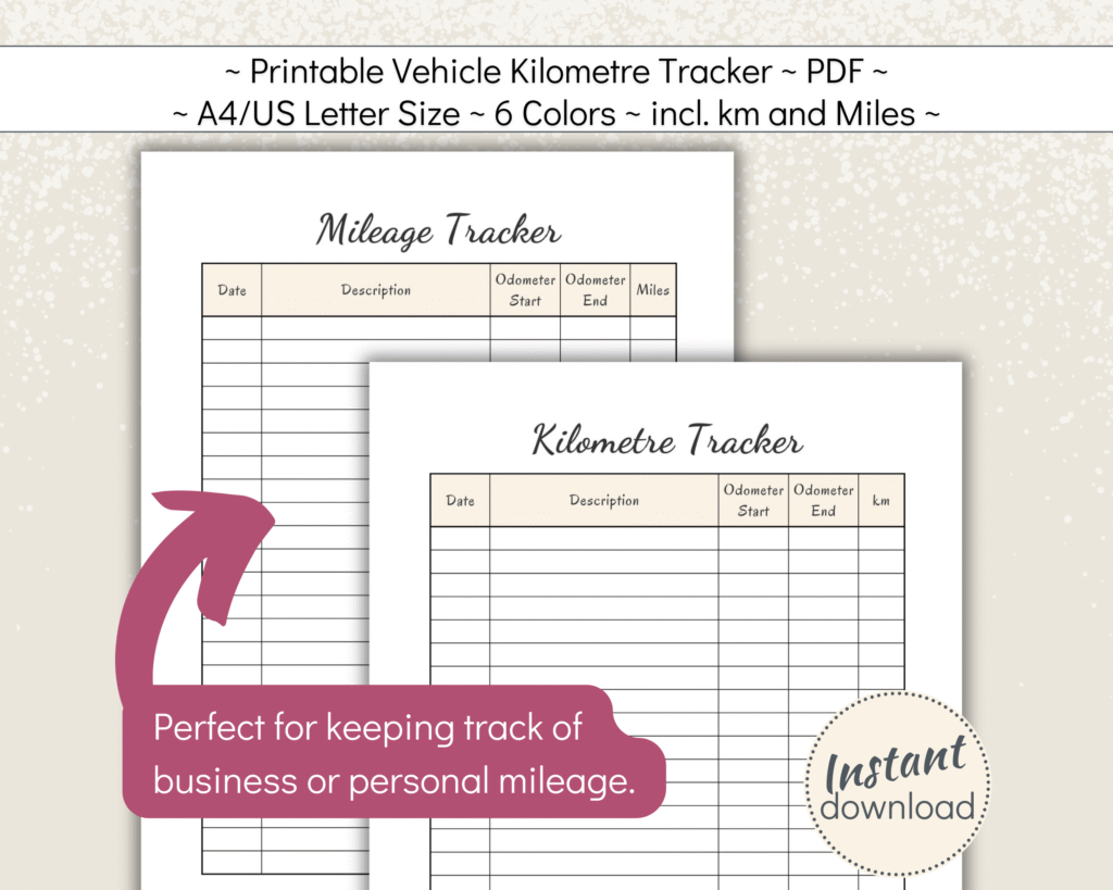 Printable Kilometre and mileage tracker
