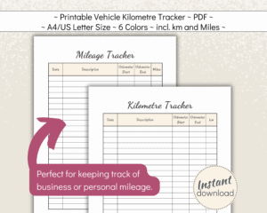 Printable Kilometre and mileage tracker