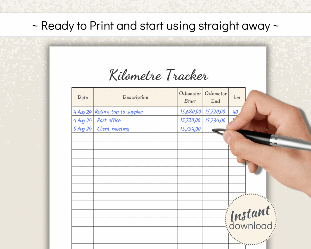 Printable Kilometre Tracker