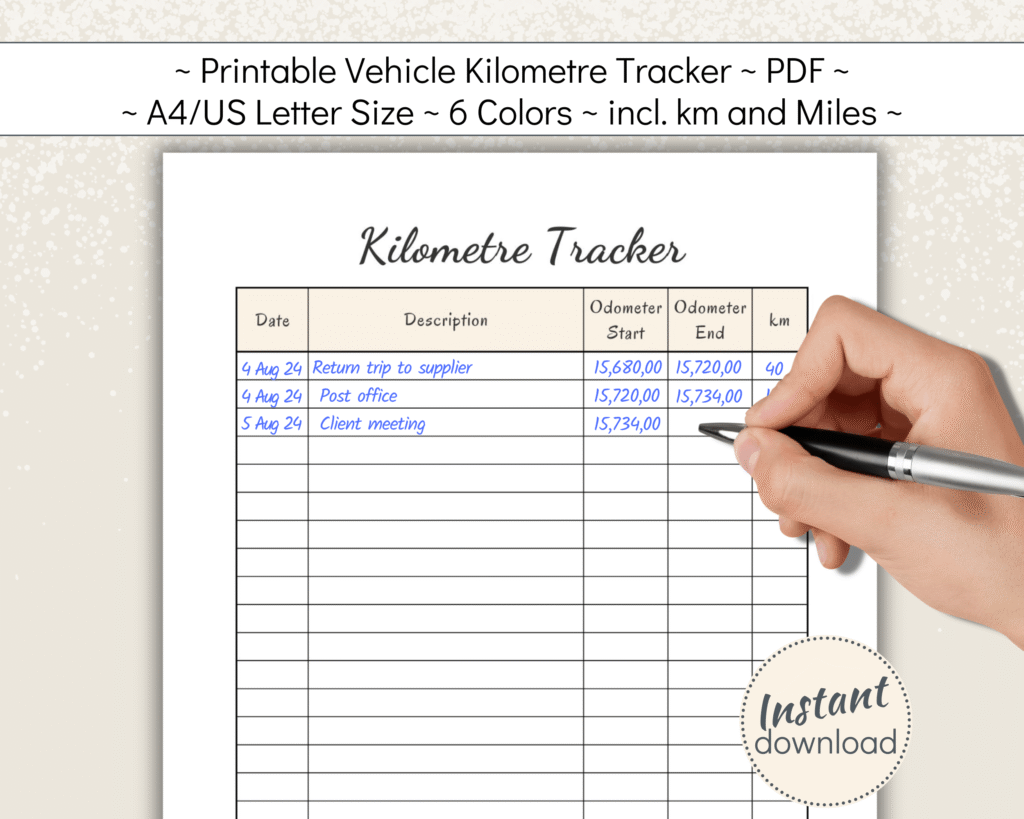Printable Kilometre Tracker for work, personal or business