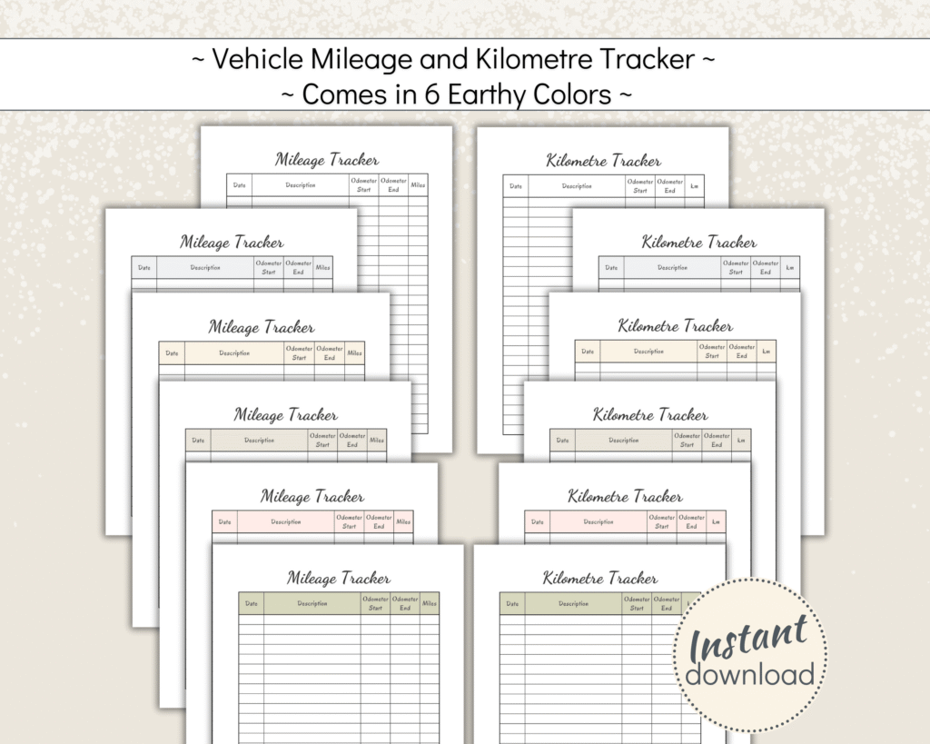 Printable Kilometre Tracker in 6 earthy colors