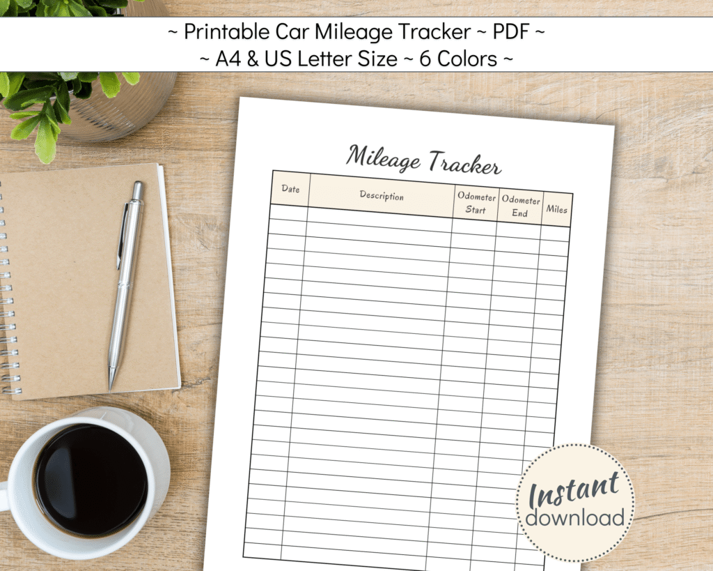 Printable Mileage Tracker for work or personal use