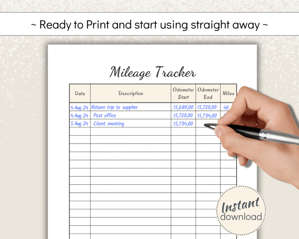 Printable Mileage logging sheet