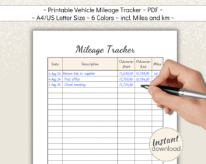Printable vehicle Mileage Tracker